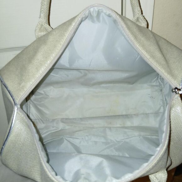 Michael Kors barrel duffel satchel bag tan/silver textured canvas silver trim - Picture 8 of 8